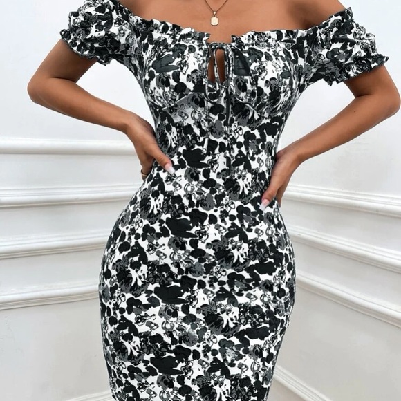 Boho Blue Floral Print Off Shoulder Bodycon Dress - Picture 12 of 16